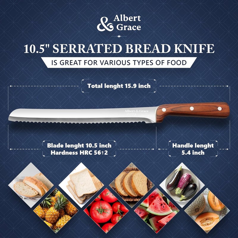 Albert&Grace 10.5-Inch Ultra Sharp Serrated Bread Slicer Knife Less Crumbs Knife for Homemade Bread, Bagels, Sourdough, and Soft Produce - Image 3